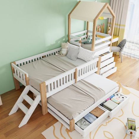 Cama infantil casita 90x200 con cama nido 90x190, escalera y almacenaje, blanco y madera (1/5)