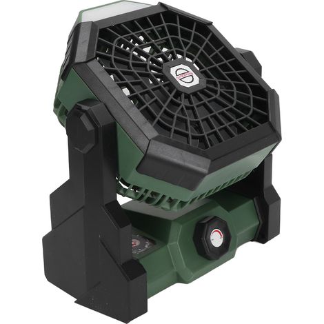 Ventilateur portable d'extérieur à vitesse variable, ventilation puissante, lampe frontale, batterie rechargeable 7800 mAh, idéal pour le camping, les pique-niques et la pêche. Vert noir. (1/5)