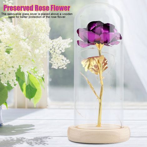 Rose éternelle sous cloche en verre avec socle en bois, LED lumineuse, violet, cadeau Saint-Valentin, décoration mariage (1/5)