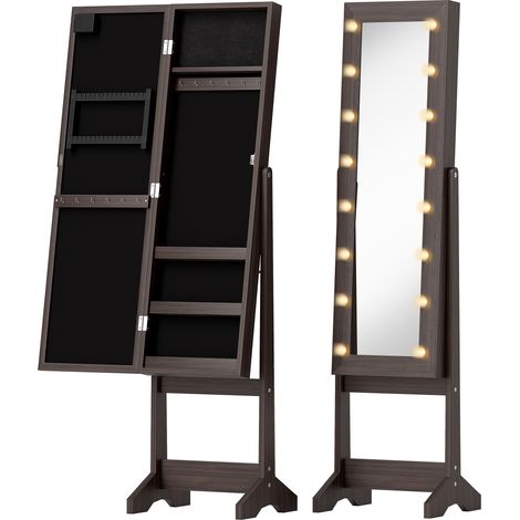 Coffret à bijoux, meuble de rangement autoportant, boîte à bijoux avec miroir, plusieurs compartiments, éclairage LED, marron foncé (1/5)