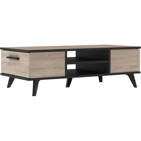 Table basse coloris Chêne/ Noir avec 2 tiroirs - Dim : 106,6 x 35,2 x 50,1 cm -PEGANE-