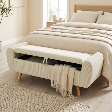 Coffre de rangement velours côtelé 73 L, banquette rembourrée avec repose-bras et pieds en bois d'hévéa, beige (1/5)