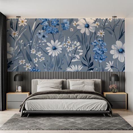 Papier Peint Floral – Fleurs Bleues et Blanches - 150 x 250 cm (1/2)
