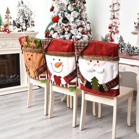 JSSEVN - Christmas chair covers with Santa Claus, snowman and reindeer, set of 3, for Christmas home and kitchen decoration (1/5)