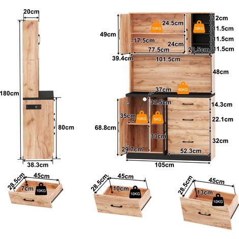 Meuble de cuisine haut moderne 105x40x180 cm, noir et effet bois, avec éclairage LED, étagères réglables et prise européenne, idéal pour cuisine, salle à manger et salon. (1/5)