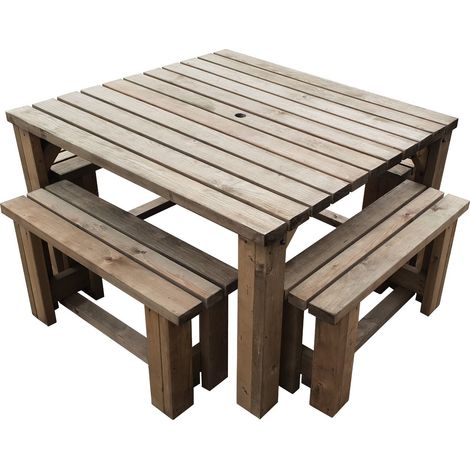 120cm x 115cm Picnic table and 4x benches set , rustic brown finish, Quadrum square corners (1/2)