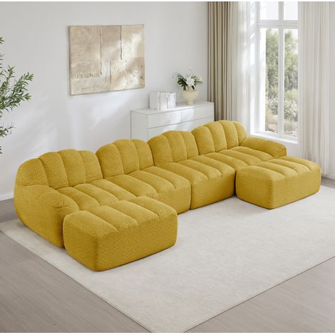 Canapé U-Form modular aus Granulat-Fleece in Gelb, 4-Sitzer mit 2 Ottomanen (1/5)