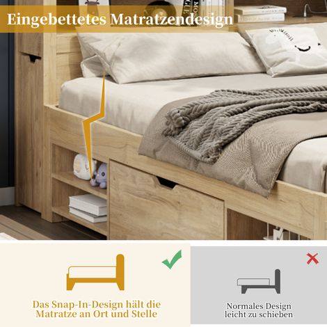 Lit enfant avec rangement 140x200 cm, sommier coffre multifonctionnel avec table de chevet, tiroirs, étagères, armoire de stockage, chargeur sans fil intégré, sans matelas, bois naturel (1/5)