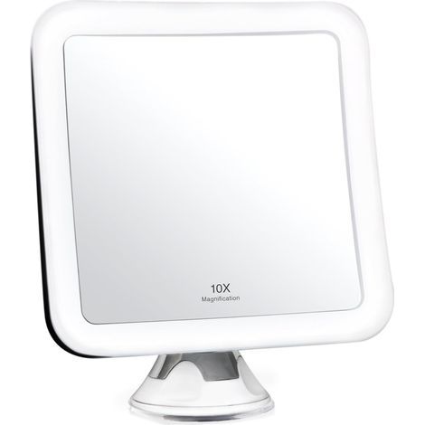 Miroir de maquillage lumineux grossissant x10 - Sans fil. ventouse verrouillable. 6.5 pouces de large. rotation à 360°. miroir de salle de bain éclairé portable (carré) (1/4)