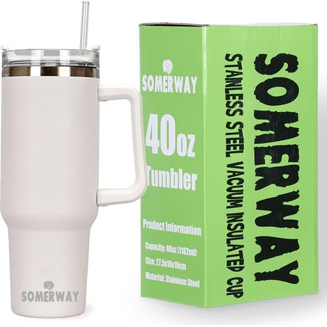 Gobelet de voyage isotherme 1182ml avec paille et poignée, acier inoxydable, double paroi, blanc (1/5)