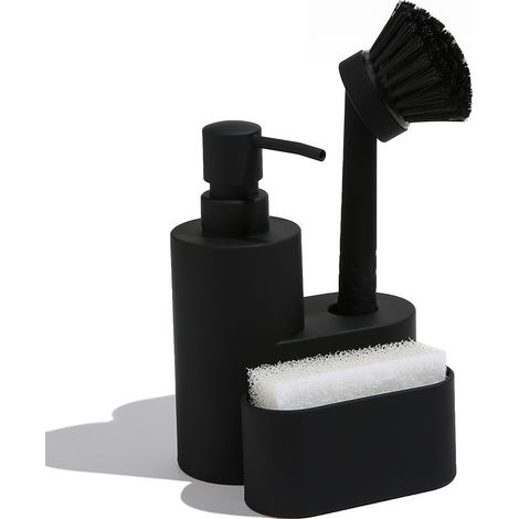 Sollbry Dispensador de lavavajillas 3 en 1, soporte para esponja, dispensador de jabón de cocina con esponja y cepillo, color negro (1/5)