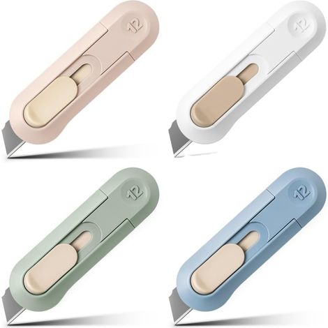 Ensemble de 4 couteaux utilitaires universels / couteaux à carton, rétractables, lame tranchante pour carton et boîtes, mécanisme fluide, idéal pour le bureau et la maison (1/4)