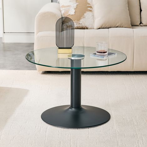 Table d'appoint ronde en verre trempé Ø70cm, meuble salon moderne pied métal robuste, couleur or/noir/argent (1/5)