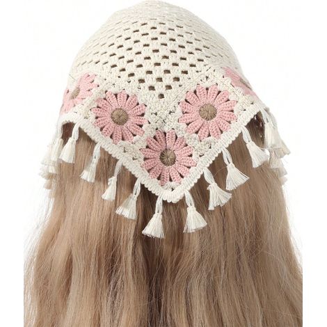 1 pièce Serre-tête élastique tricoté ajouré à pompons coquilliers et motifs floraux pour femme, pour usage quotidien, sport, plage ou vacances, rose (1/2)