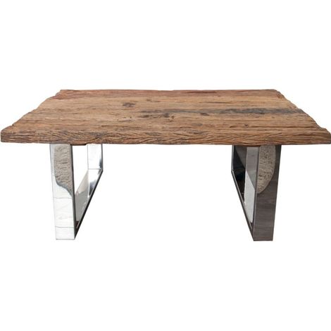 Table basse RAFTA 110 cm aus recyceltem Teakholz – Industriedesign mit U-förmigen Metallbeinen