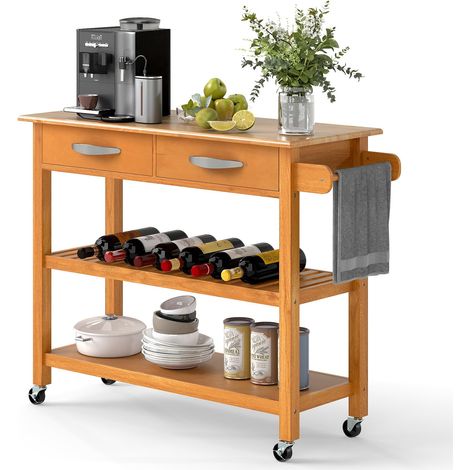 COSTWAY Carrello da Cucina con Ruote Multiuso, Mobile Cucina Salvaspazio in Legno, con 2 Cassetti e 2 Ripiani Aperti, Credenza per Sala da Pranzo, 116 x 43 x 89 cm (Naturale) (1/5)