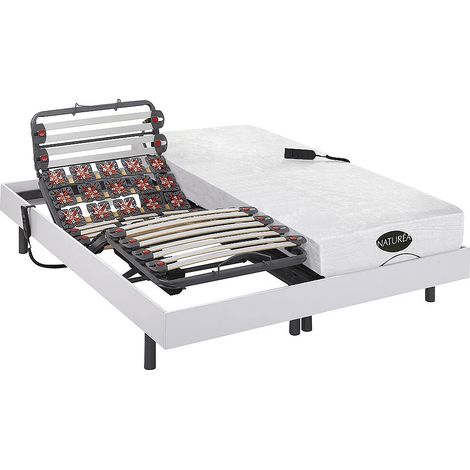 Vente-Unique – Lit électrique de relaxation 2 x 80 x 200 cm – Sommier lattes et plots – Matelas mémoire de forme bambou – Très ferme – Blanc