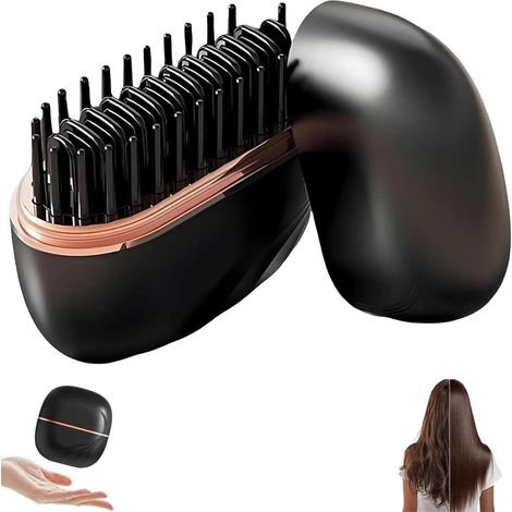 Mini Brosse lissante à cheveux, 2-en-1 Sans fil et portable, brosse lissante et peigne chauffant volumateur, chauffage rapide en 30s, anti-brûlure (Noir) (1/5)