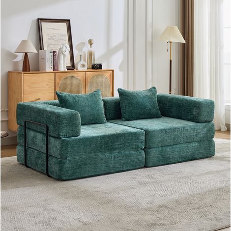Divano letto pieghevole modulare, trasformabile in letto, senza assemblaggio, tessuto chenille verde scuro (1/5)