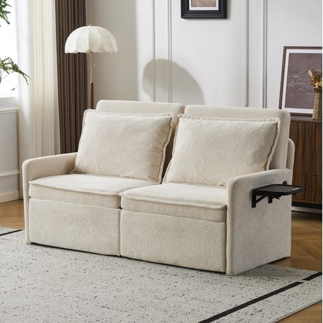 Sofá cama convertible con respaldo ajustable, almacenamiento lateral, puerto USB y tela chenilla beige (1/5)