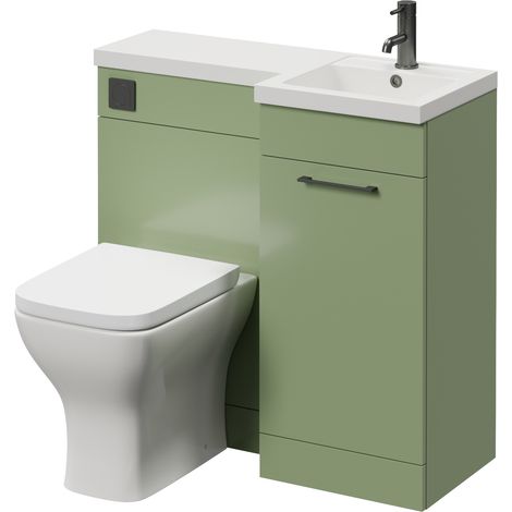Napoli 390 Olive Green 900mm Single Door Vanity Unit Toilet Suite with Right Hand Square Lucia Basin - 900mm - Gunmetal Grey 160mm HandleWith Kingston Toilet Pan and Seat