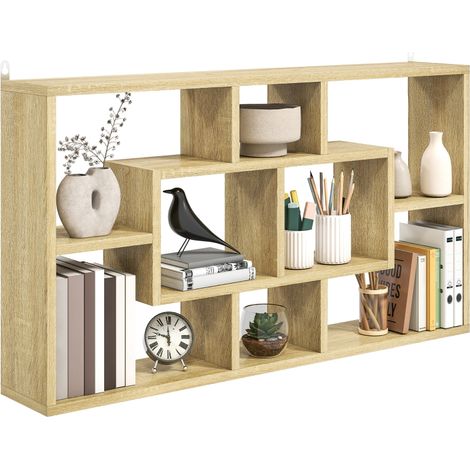 Bibliothèque murale 8 cases, meuble de rangement, style moderne, 85×14,5×47,5 cm, couleur chêne (1/5)