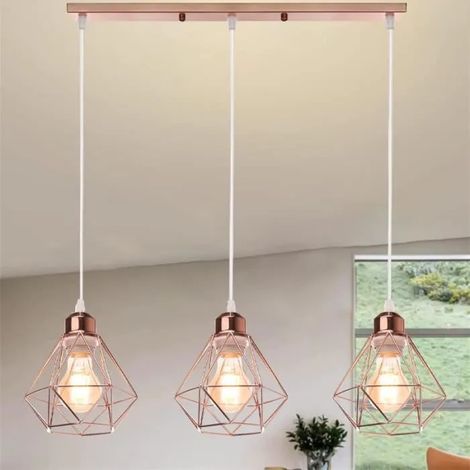 U-Do Lustre Suspension Rétro Industriel - Lampe Longue Pôle - 3 Têtes Lustre en Métal Or Rose - E27 Douille (Ampoule non Inclus) (1/4)