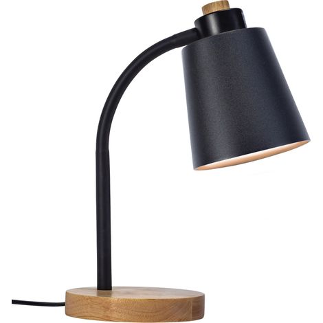 Pau Lámpara de Escritorio de Estilo Nórdico. Flexo de Escritorio E27 de Acero Negro y Madera Clara Natural