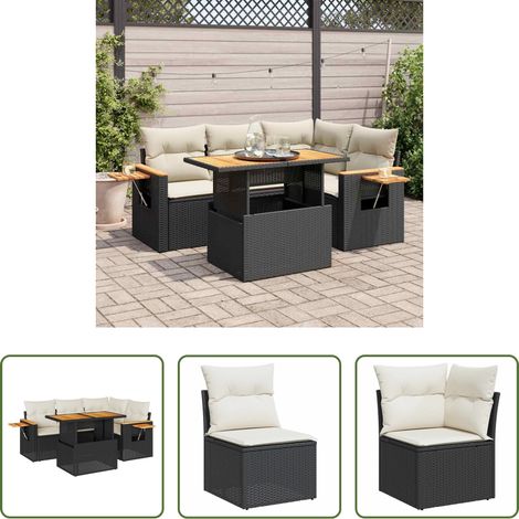 Gartentisch - 5tlg. Garten-Sofagarnitur mit Kissen Schwarz Poly Rattan Akazie (1/5)