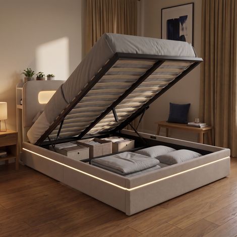 Lit coffre double 160x200 cm avec LED RGB, tête de lit avec rangement, lit capitonné en velours, style moderne, Blanc (1/5)