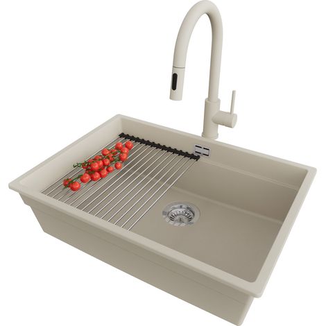 PRIMAGRAN Evier Cuisine en Granit 66x47cm, Lavabo 1 bac + Robinet 40x20cm + Kit de Vidage + Accessoire, Évier à Encastrer au meuble 70cm - Prague Slim, Beige (1/5)