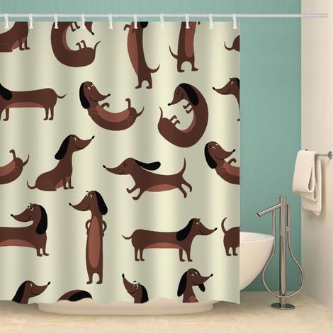 Rideau de douche 3D Motif teckel Anti-moisissure 180 x 180 cm Avec 12 crochets Motif saucisse et chien Antibactérien Lavable Imperméable En polyester Pour salle de bain (1/5)