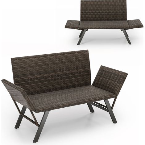 COSTWAY Patio Convertible Sofa for 2 Quick Dry Foam Padded Rattan Loveseat-Grey (1/5)