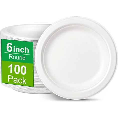 100 Assiettes en carton, 15 cm, compostables, fibres de canne à sucre et bambou, pour desserts et fêtes (1/5)