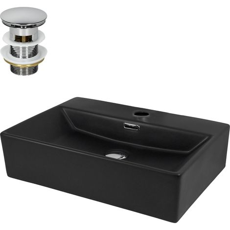 ML-Design Lavabo in Ceramica Nero 51 x 36 x 13 cm Rettangolare con Piletta di Scarico in Ottone Cromato Foro per Rubinetto e Troppopieno Lavandino da Appoggio Lavello Scarico Standard (1/5)