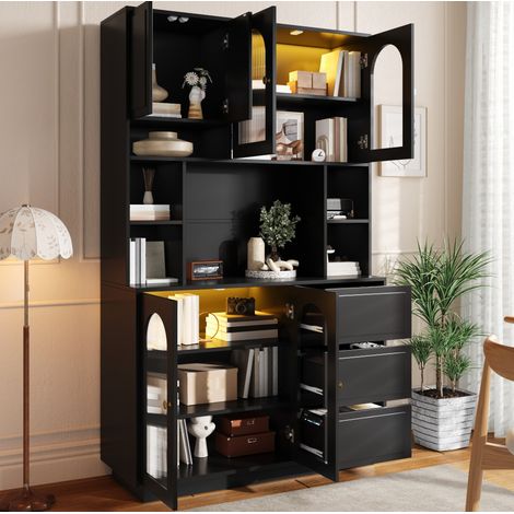 Mueble de almacenaje alto negro en MDF, puertas acrílicas, LED APP, 106 x 30 x 175 cm (1/5)