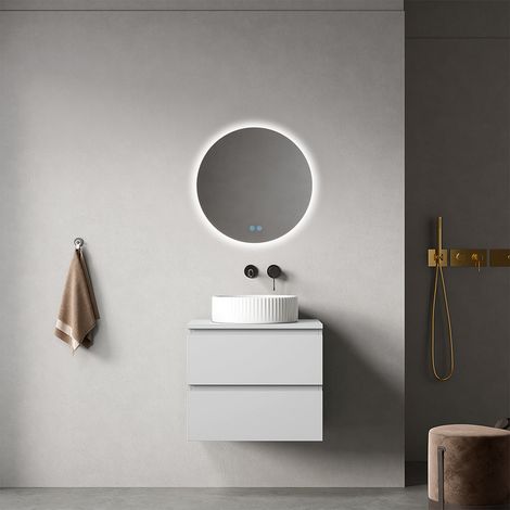 Mobile bagno sospeso 60 cm Bianco Opaco per Lavabo d'appoggio Specchio Tondo Retroilluminato - Fiji Paint Top (1/4)