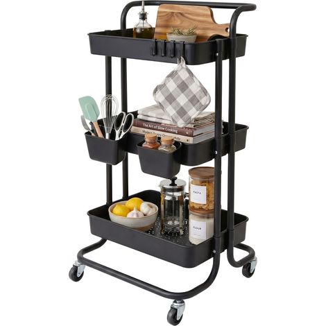 3-Tier Black Metal Storage Trolley with Wheels (1/5)