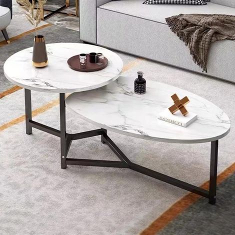 Tavolino Basso da Caffè 2 Ripiani Luxury Effetto Marmo Bianco Tavolo da Salotto (1/4)