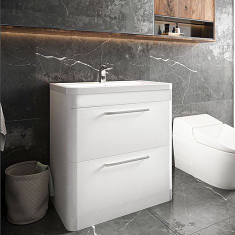 Hudson Reed Solar Matt Pure White 800mm Floor Standing 2 Drawer Vanity Unit and Ceramic Basin - SOL103A (1/5)