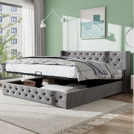Lit coffre Chesterfield capitonné 140x190 cm en velours gris avec tête de lit et ouverture hydraulique (1/5)