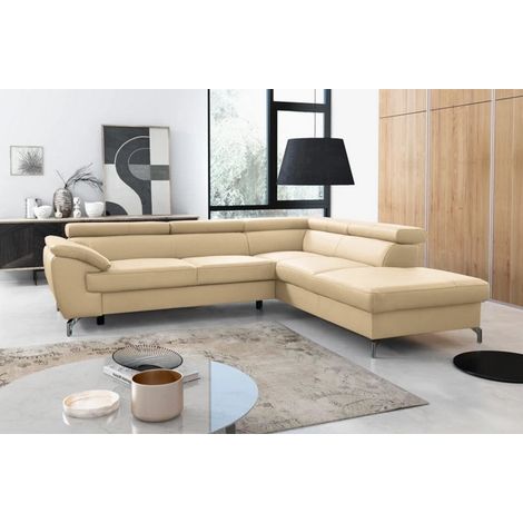 Canapé d'angle convertible en cuir italien de luxe 5/6 places FINLANDE avec coffre, beige, angle droit (1/5)