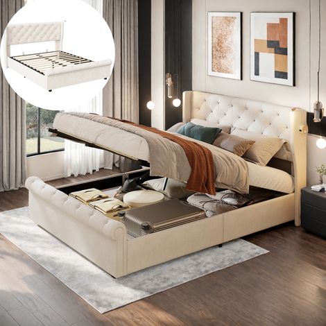 Letto contenitore 160x200 cm, con 2 luci da lettura, spazio di archiviazione, ricarica USB, classico, rete a doghe, struttura in metallo, letto matrimoniale trapuntato in velluto - Beige