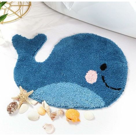 Blue bathroom mat - Non-slip whale-shaped mat, absorbent washable microfiber floor mat. (1/4)