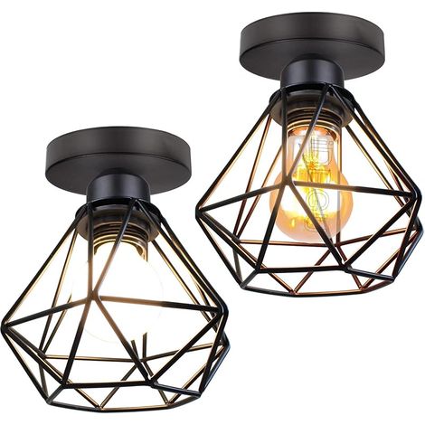 Plafonnier Industriel en Fer E27 Lustre Luminaire Abat-jour Vintage Lampe Suspension Cage Noir Ø16cm Éclairage de Plafond pour Salon Chambre Cuisine Entrée (2 Pcs) (1/5)
