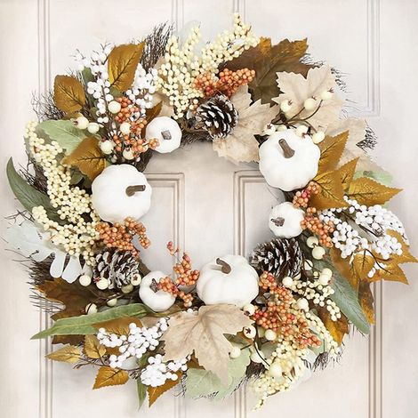 Guirlande Automne - Feuilles D'érable Fausses - Pommes De Pin Blanches - Baies - Pour Porte Extérieure Intérieure Fenêtre Mur - 45 cm (1/5)