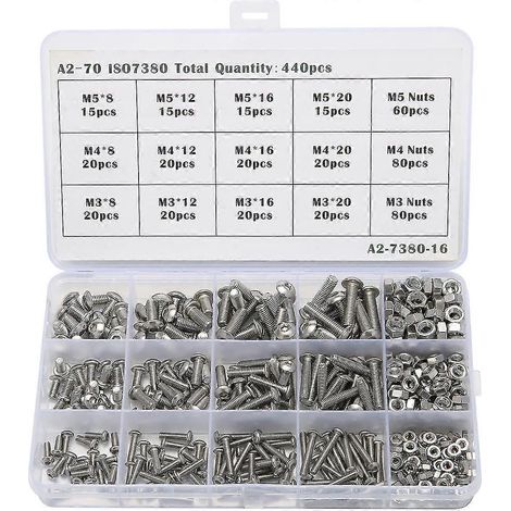 Coffret de 440 vis à tête hexagonale en acier inoxydable M3, M4 et M5, avec écrous de blocage et boîte de rangement (1/5)