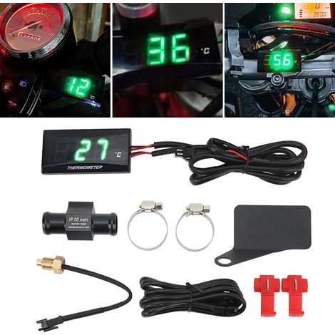 Motorradmodifikation: Universelles, ultradünnes 12-V-DC-LCD-Wassertemperaturmessgerät (°C) + 16-mm-T-Stück + grüne Hintergrundbeleuchtung an der linken Halterung (1/5)