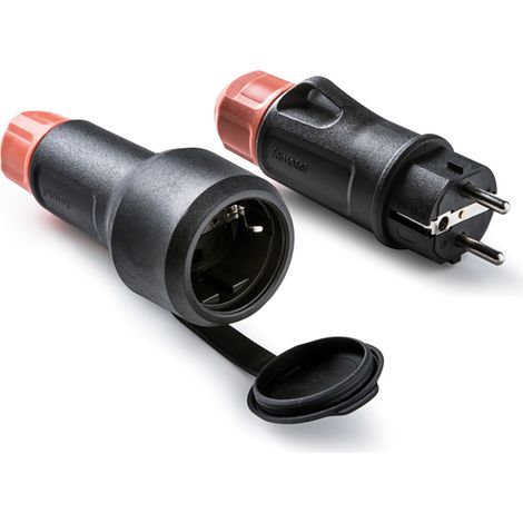 Prise Mobile Avec Couvercle En Caoutchouc Et Fiche Schuko 2p+t 16a 250 V, Ip54, Noire, Max. 1,5 X 2,5 Mm², Blister