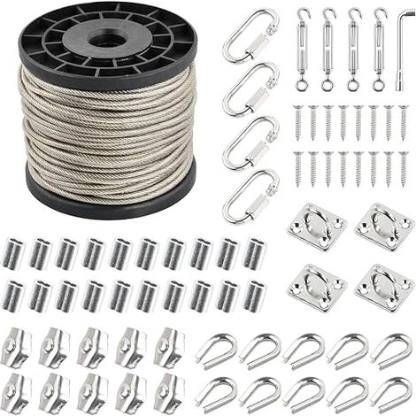 Kit Cable Acier 3mm, Serre Cable Inox 7x7 PVC Gainé avec Tendeur, Boucles, Cosses, Serre Câbles Acier, Crochets Muraux, Mousquetons et Clé, Fil a Linge Extérieur (1/5)